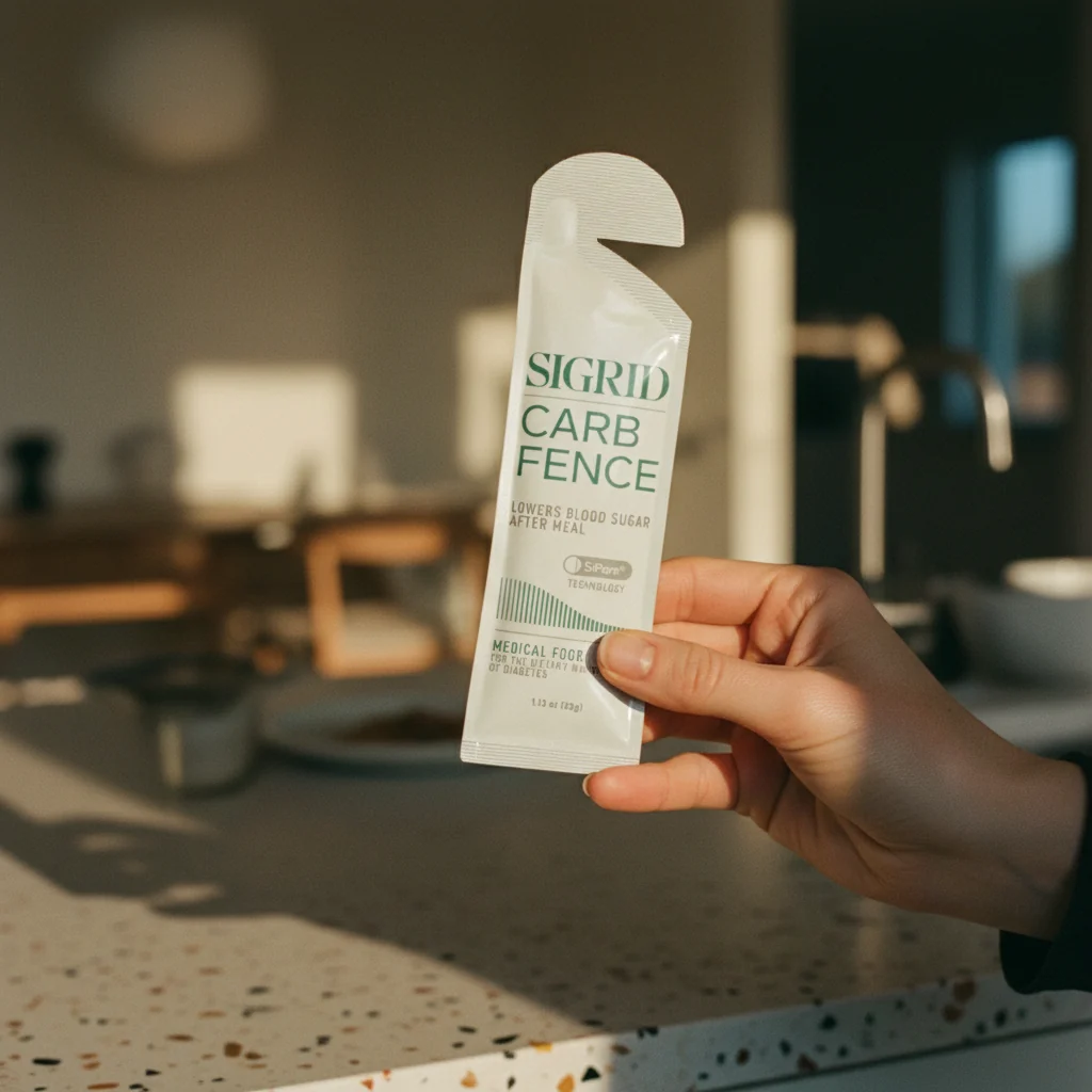 A hand holding a SIGRID Carb Fence sachet in a sunlit kitchen