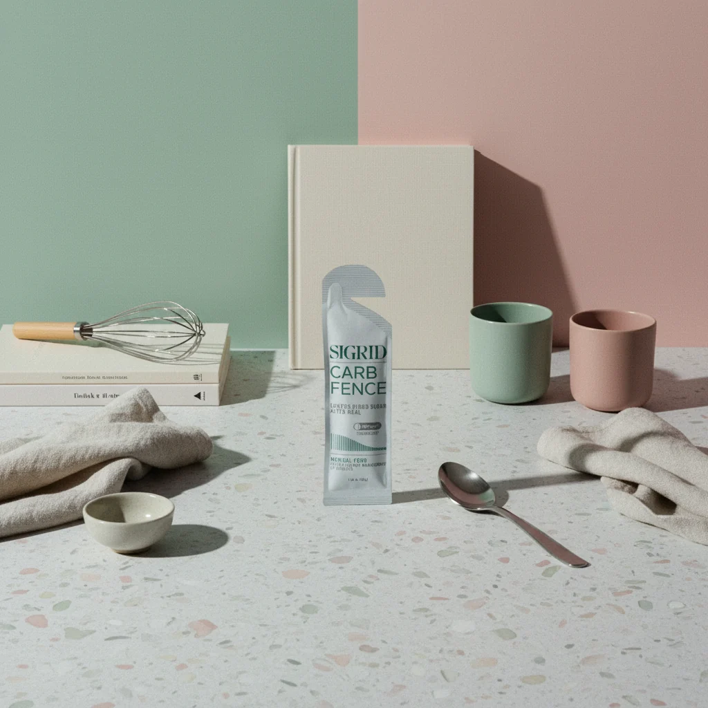 A SIGRID Carb Fence sachet on a kitchen table