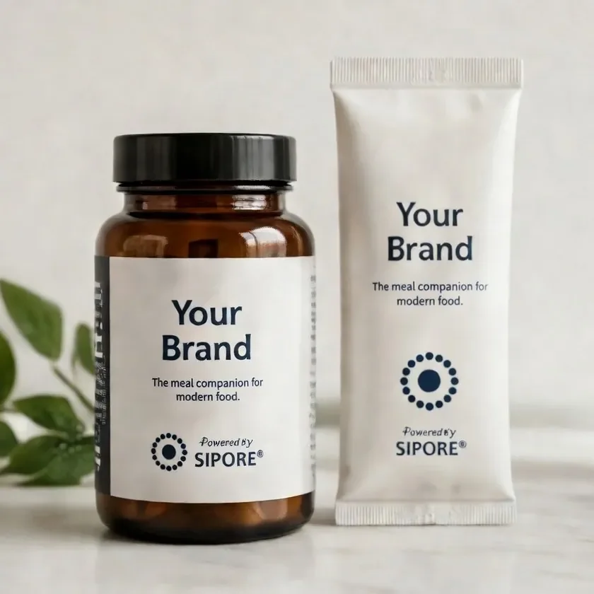 Concept only: a neutral “Your Brand” pack with a small Powered by SiPore® mark