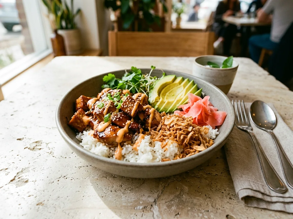 A desirable modern meal: a fresh poke bowl and flatbread on a bright city-café table