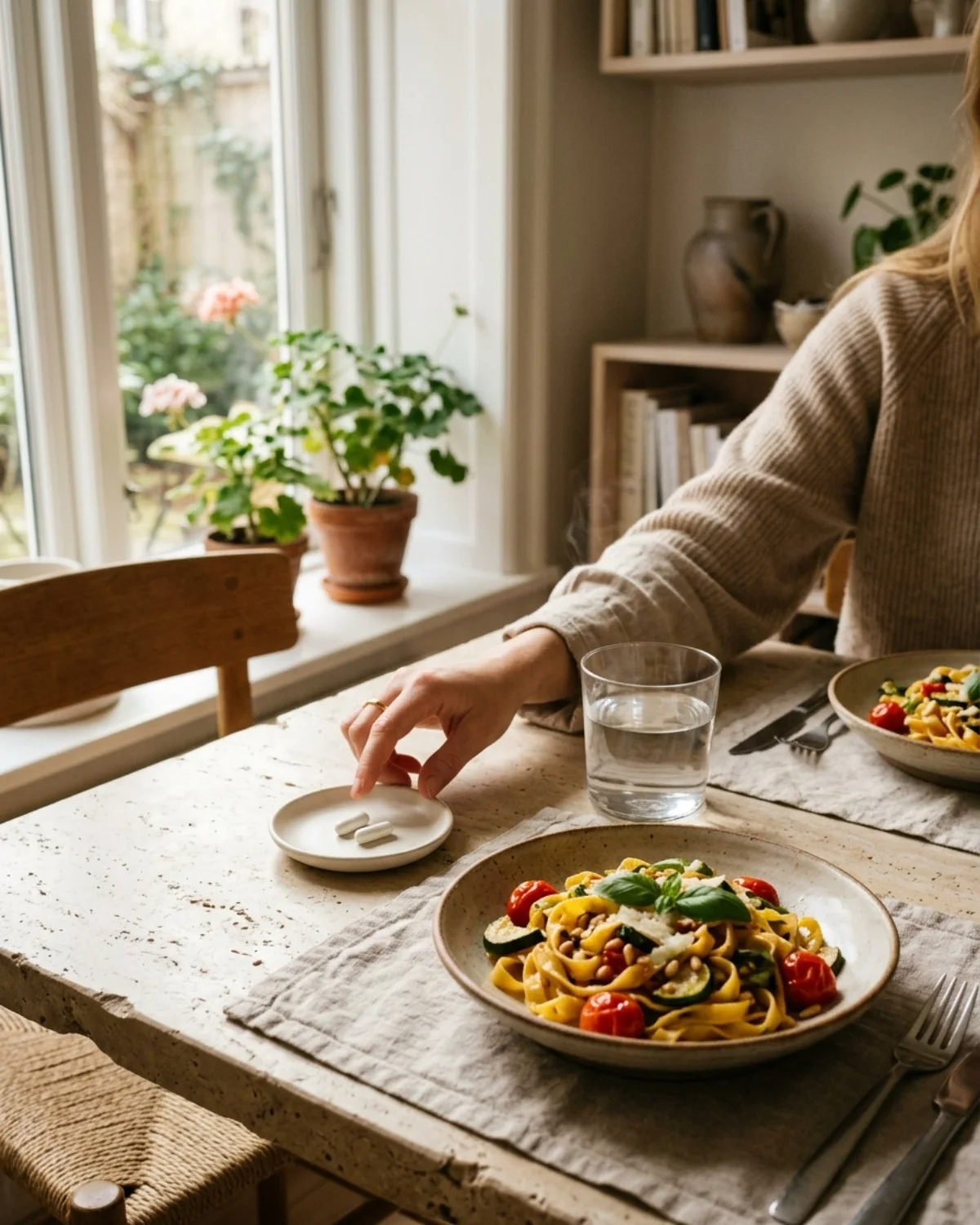 A meal arriving at a relaxed dinner table