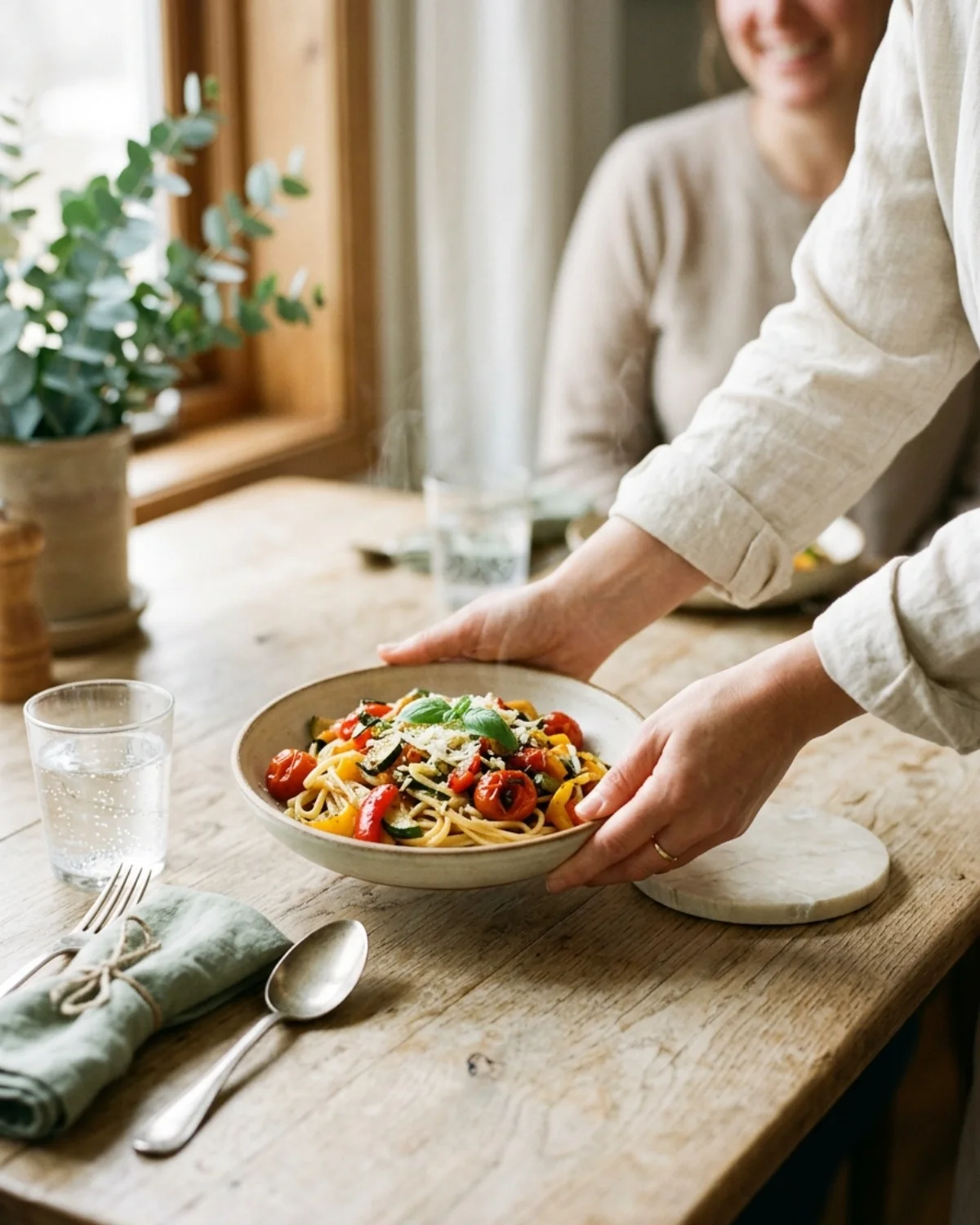 A colourful lunch bowl on a bright table during a busy workday