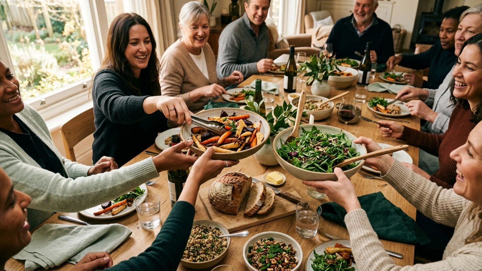 Friends and family sharing a relaxed meal around a busy table