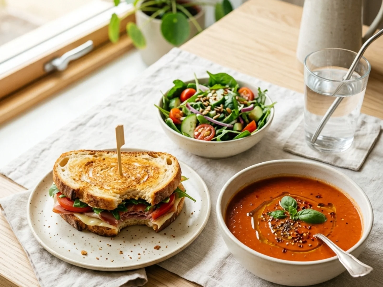 An attractive modern lunch: fresh sandwich, soup and salad on a bright table