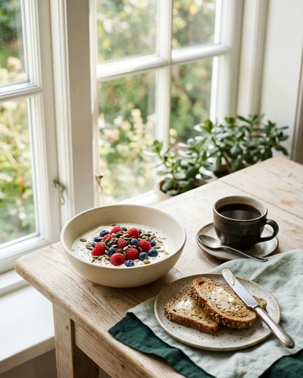 Breakfast by a bright window: yoghurt with berries, wholegrain toast and coffee