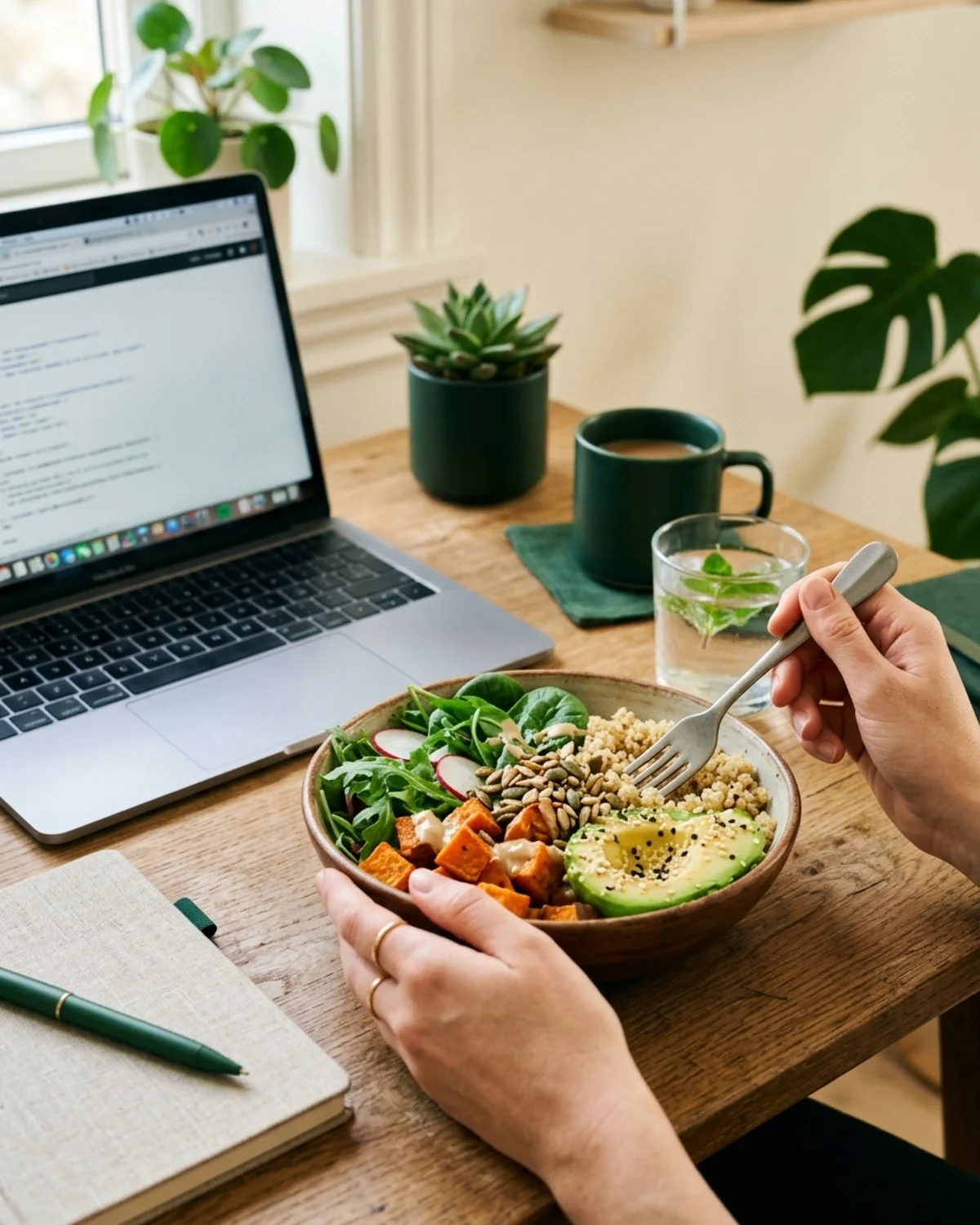 A colourful grain bowl eaten at a desk during the working day