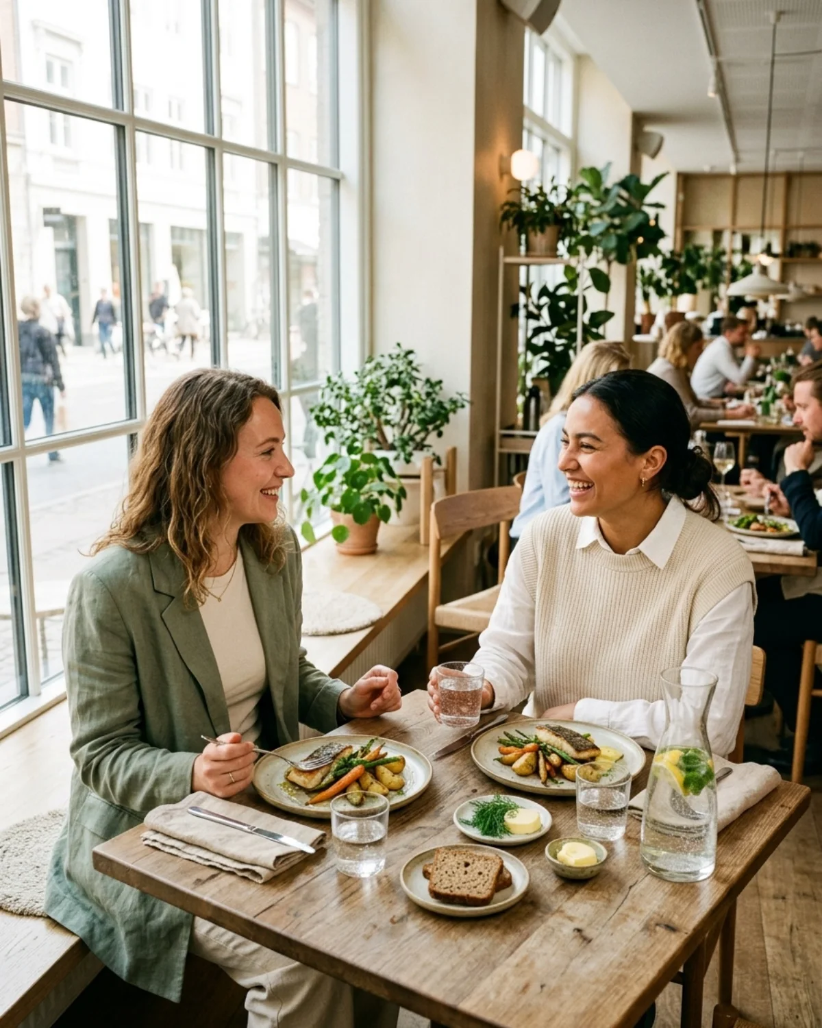 Two colleagues sharing a relaxed lunch at a bright restaurant