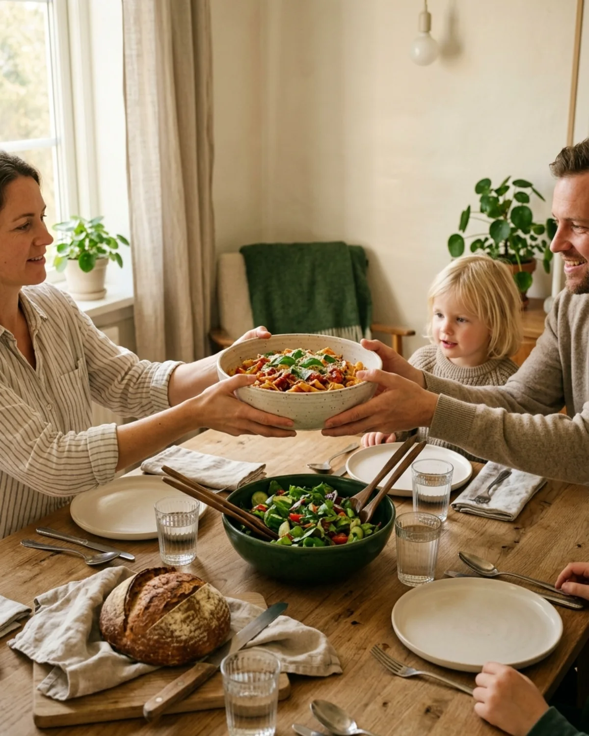 A family dinner at home in warm evening light