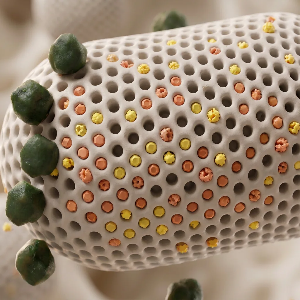 Illustration: a SiPore® particle entraps a portion of the digestive enzymes amylase and lipase