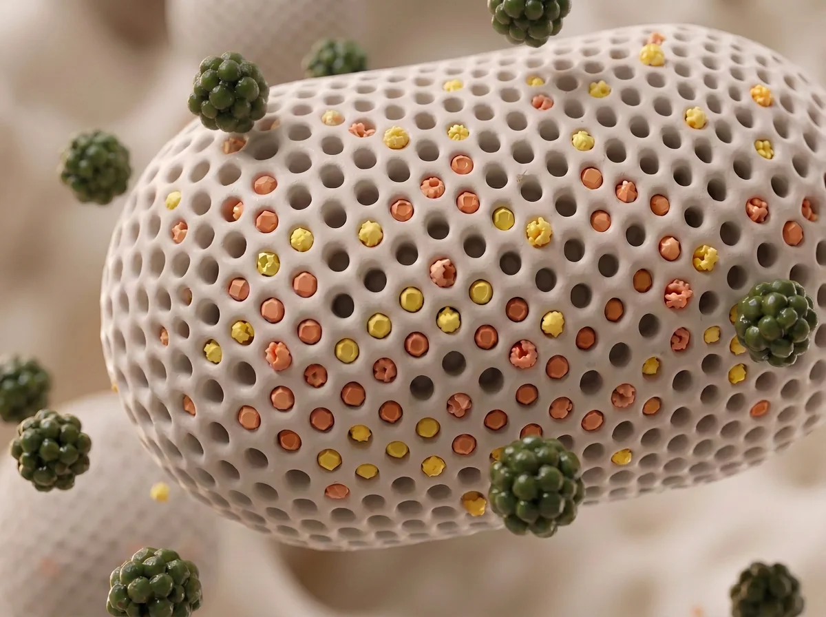 Illustration: a SiPore® particle entraps a portion of amylase and lipase while food particles are too big to be entrapped