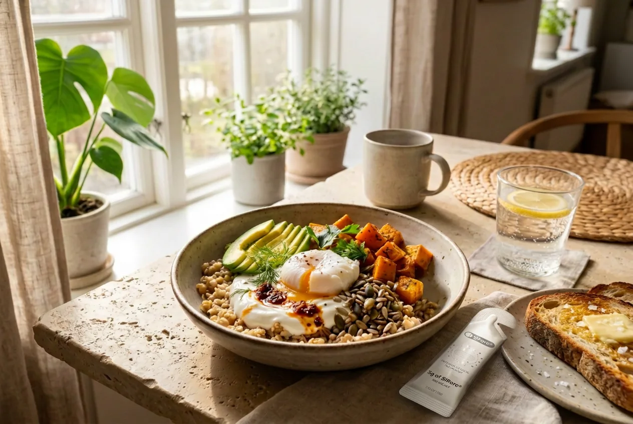A fresh everyday bowl of real food on a marble table